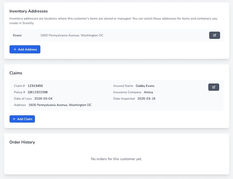 Lower section of customer detail page showing Inventory Addresses with one address, a Claims section with claim details, and an empty Order History section