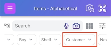 The Scanlily item list filter bar with the Customer dropdown highlighted