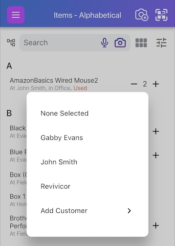 Customer dropdown expanded showing customer list and an Add Customer option at the bottom