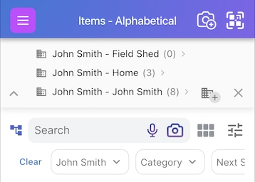 Navigate panel showing John Smith’s three addresses: Field Shed, Home, and John Smith, with item counts